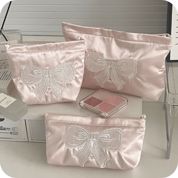 Pink Satin Bow Makeup Bag