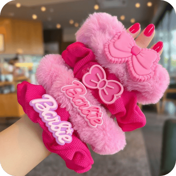 Pink Barbie Plush Hair Scrunchie Set (4 Pcs)