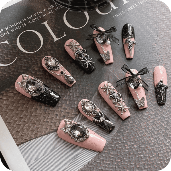 Press On Nails Black Pink French